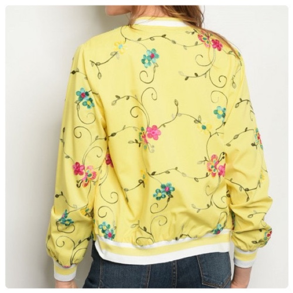 Floral Embroidered Yellow Bomber Jacket - Picture 5 of 8